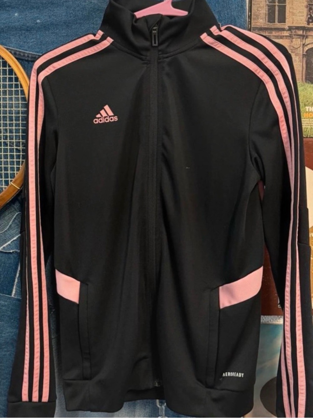 adidas Black Jacket with Pink Stripes & Logo